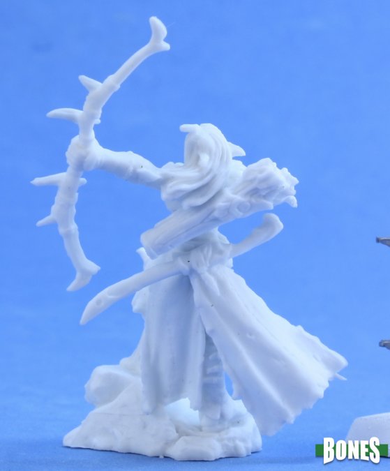 Arathanel, Elf Ranger - Unpainted white resin miniature of an elf ranger holding a curved bow with flowing cloak details.