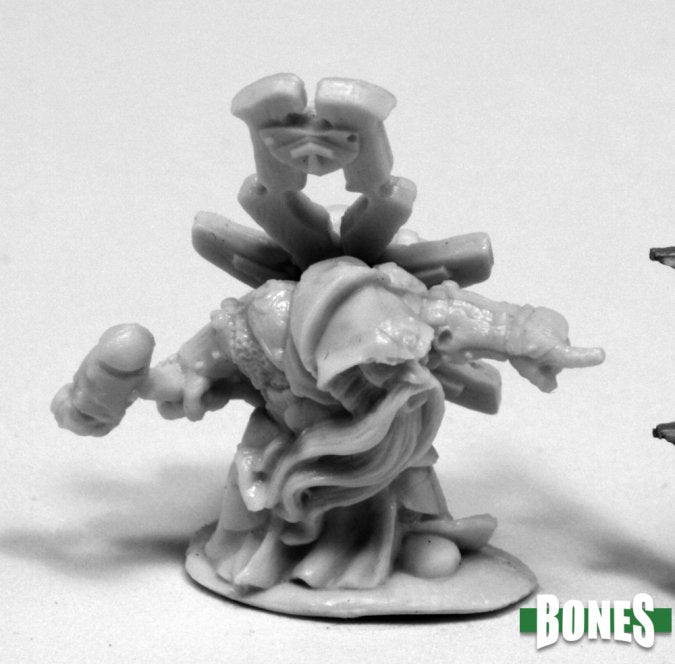 Ivar, Dwarf Priest - Gray unpainted resin miniature of a dwarf priest holding a hammer with a long braided beard and ornate robes.