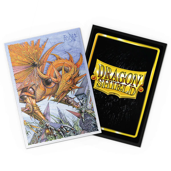 Dragon Shield Dual Matte Art Sleeves 100ct - The Millerax - Two Dragon Shield card sleeves, one featuring detailed orange dragon artwork on a blue background, the other black with a.