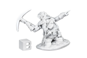 Dwarf Master of the Hunt - Unpainted gray dwarf figurine holding an axe in one hand and pointing forward, standing on a round base next to a six-sided.
