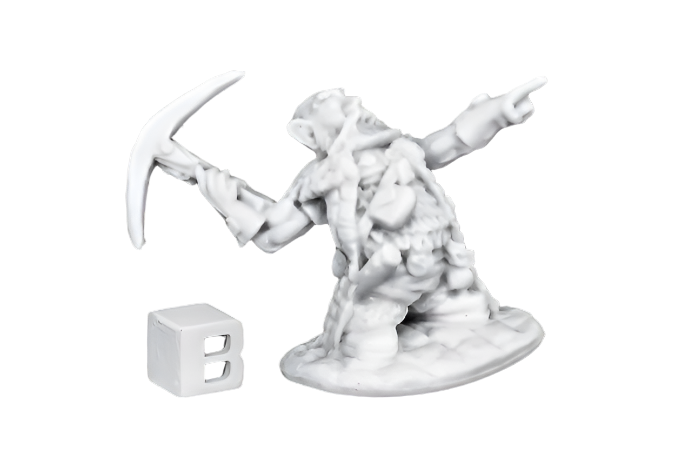Dwarf Master of the Hunt - Unpainted gray dwarf figurine holding an axe in one hand and pointing forward, standing on a round base next to a six-sided.