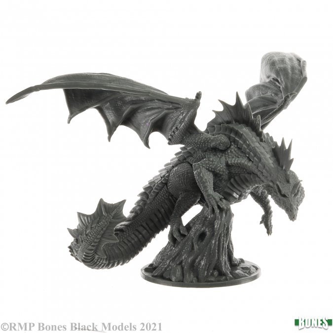 Valfuryx the Vile - Intricately detailed black dragon miniature with outstretched wings, textured scales, and a dynamic pose on a round base.
