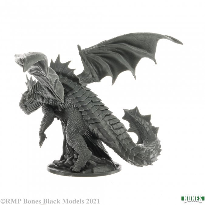 Valfuryx the Vile - Black detailed dragon miniature with large wings, spiked tail, and textured scales on base.