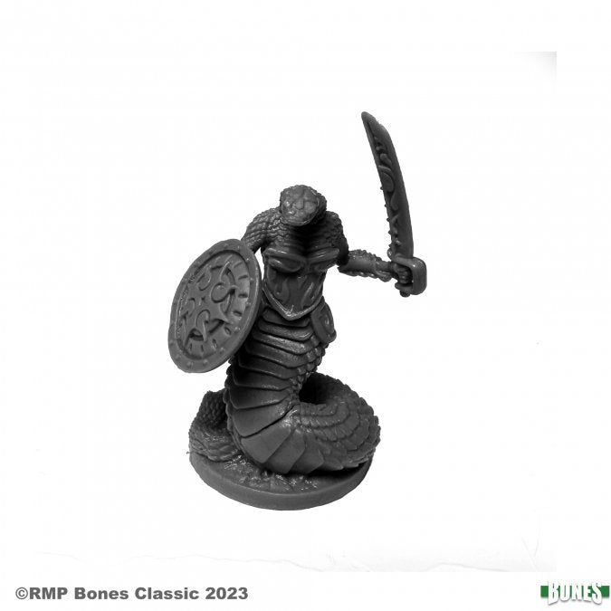 Nagendra Shieldmaiden - Black plastic miniature of a coiled serpent warrior holding a round shield and curved sword.