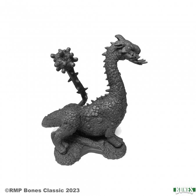 Catoblepas - Gray sculpted fantasy creature with a dragon-like head, spiked tail, and textured reptilian body on a flat base.