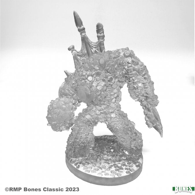 Loot Golem - Gray resin miniature of a bulky golem covered in textured rocks and gems with large clawed hands and two upright legs on a.