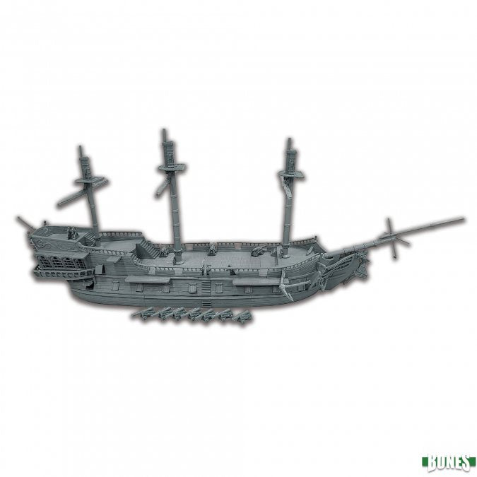 Sophie's Revenge Pirate Ship - Gray plastic model of a three-masted pirate ship with detailed hull and rigging features.