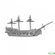 Sophie's Revenge Pirate Ship - Intricately detailed gray metal pirate ship model with three masts and a long bowsprit.