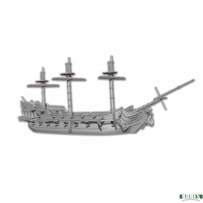 Sophie's Revenge Pirate Ship - Intricately detailed gray metal pirate ship model with three masts and a long bowsprit.