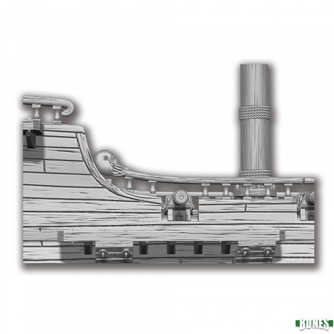 Sophie's Revenge Pirate Ship - Gray wooden pirate ship side with plank details, cannon ports, and a tall central smokestack.