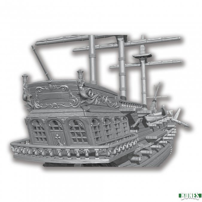 Sophie's Revenge Pirate Ship - Gray 3D model of an ornate pirate ship with multiple masts and detailed hull carvings.