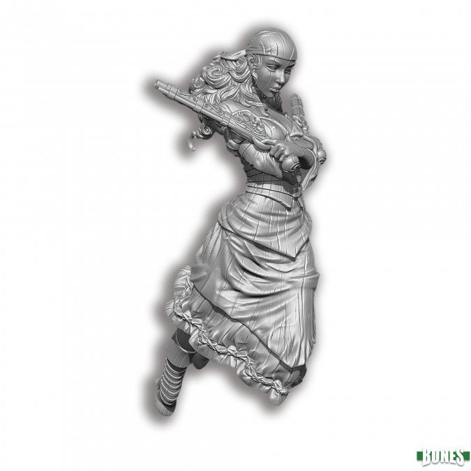 Sophie's Revenge Pirate Ship - Silver-toned female pirate figurine wielding a sword, wearing a bandana and flowing dress with ruffled edges.