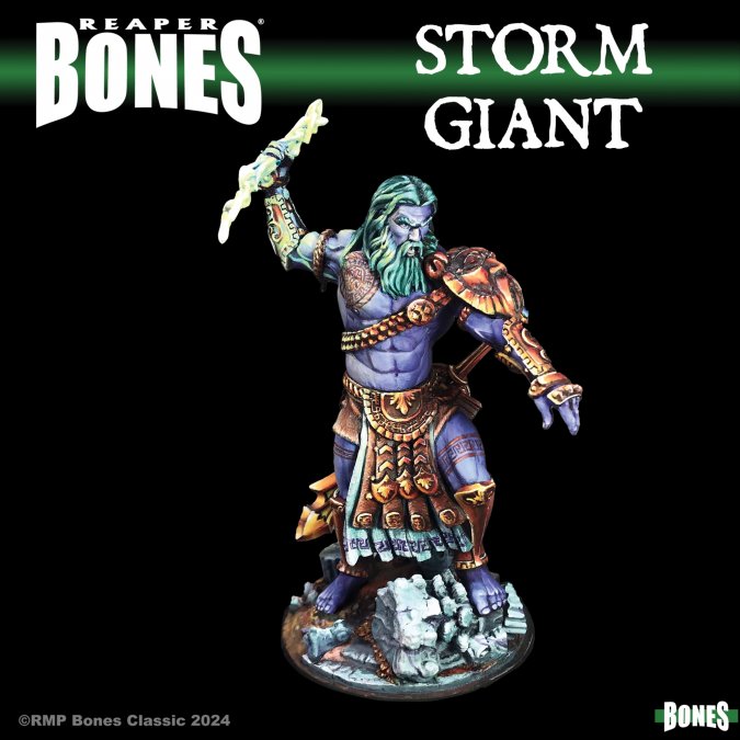 Storm Giant - Blue-skinned giant wielding a lightning-shaped sword, armored with metallic gold and bronze plates, standing on a rocky base