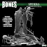 The Spiders of Emrith Kul - Gray resin miniature set featuring multiple spiders, ruined shrine, spider webs, and a small halfling figure for fantasy.