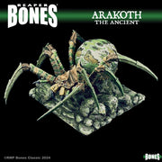 Arakoth the Ancient - Green and tan giant spider miniature with eight long legs on a rocky base, fantasy style.