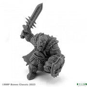 Fire Giant Hellbringer - Gray detailed fantasy warrior miniature holding a spiked sword and round shield, armored with layered plates and a fierce.