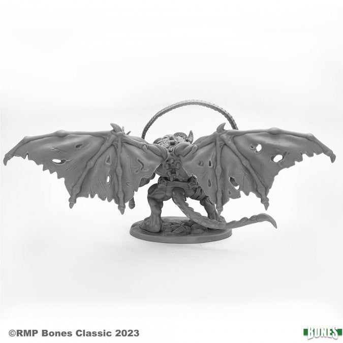 Narglauth, Fire Demon - Reaper Bones Classic Deluxe Boxed Set - Gray plastic miniature of a demonic creature with large tattered wings, muscular body, and a long tail on a round base.