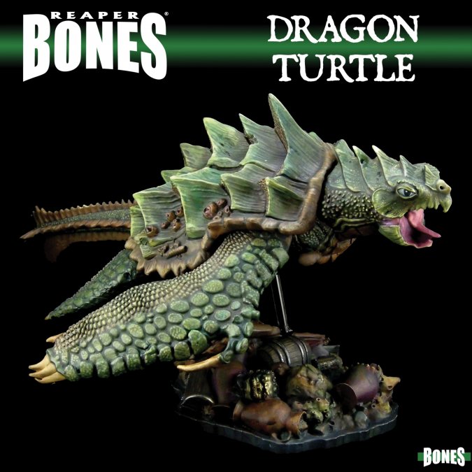 Dragon Turtle - Reaper Bones Classic Deluxe Boxed Set - Green detailed dragon turtle figurine with scales and spiked shell, roaring pose on textured base.
