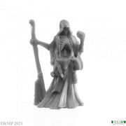 Charon, Lord of the Styx - Gray resin miniature of a cloaked skeletal figure holding a long oar and a lantern, standing on a textured base.