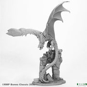 Blacksting the Wyvern - Reaper Bones Classic Deluxe Boxed Set - Gray detailed miniature of a wyvern with large wings perched on a crumbling stone archway base.