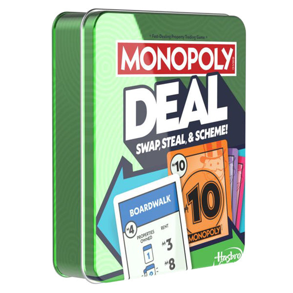 Monopoly Deal Tin (PREORDER) - Green rectangular metal tin with Monopoly Deal branding, colorful game card illustrations, and Hasbro logo.