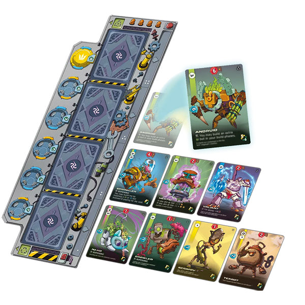 Rumblebots (PREORDER) - Vertical game board with four purple card slots and six colorful character cards featuring robots and creatures in a sci-fi.