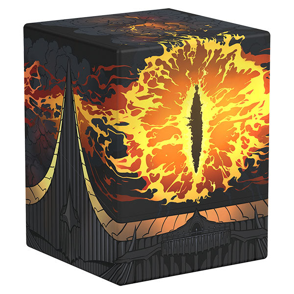 Squaroes Boulder 100+: The Lord of the Rings - Eye of Sauron (PREORDER) - Black rectangular deck box featuring a vivid fiery Eye of Sauron graphic with orange, yellow, and red flames and dark tower.