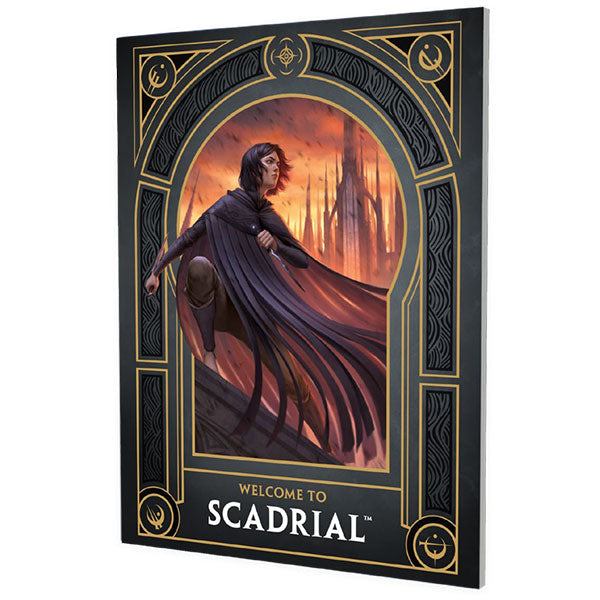 Cosmere RPG: Mistborn Welcome to Scadrial Guide (PREORDER) - Hardcover book with dark, ornate cover featuring a cloaked figure overlooking a fiery cityscape, titled Welcome to Scadrial.