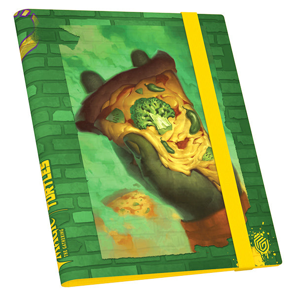 Ultimate Guard 18-Pocket FlexXFolio 360 Portfolio: Teenage Mutant Ninja Turtles - Swamp - Green portfolio with Teenage Mutant Ninja Turtles hand holding a cheesy pizza slice, yellow elastic strap closure.