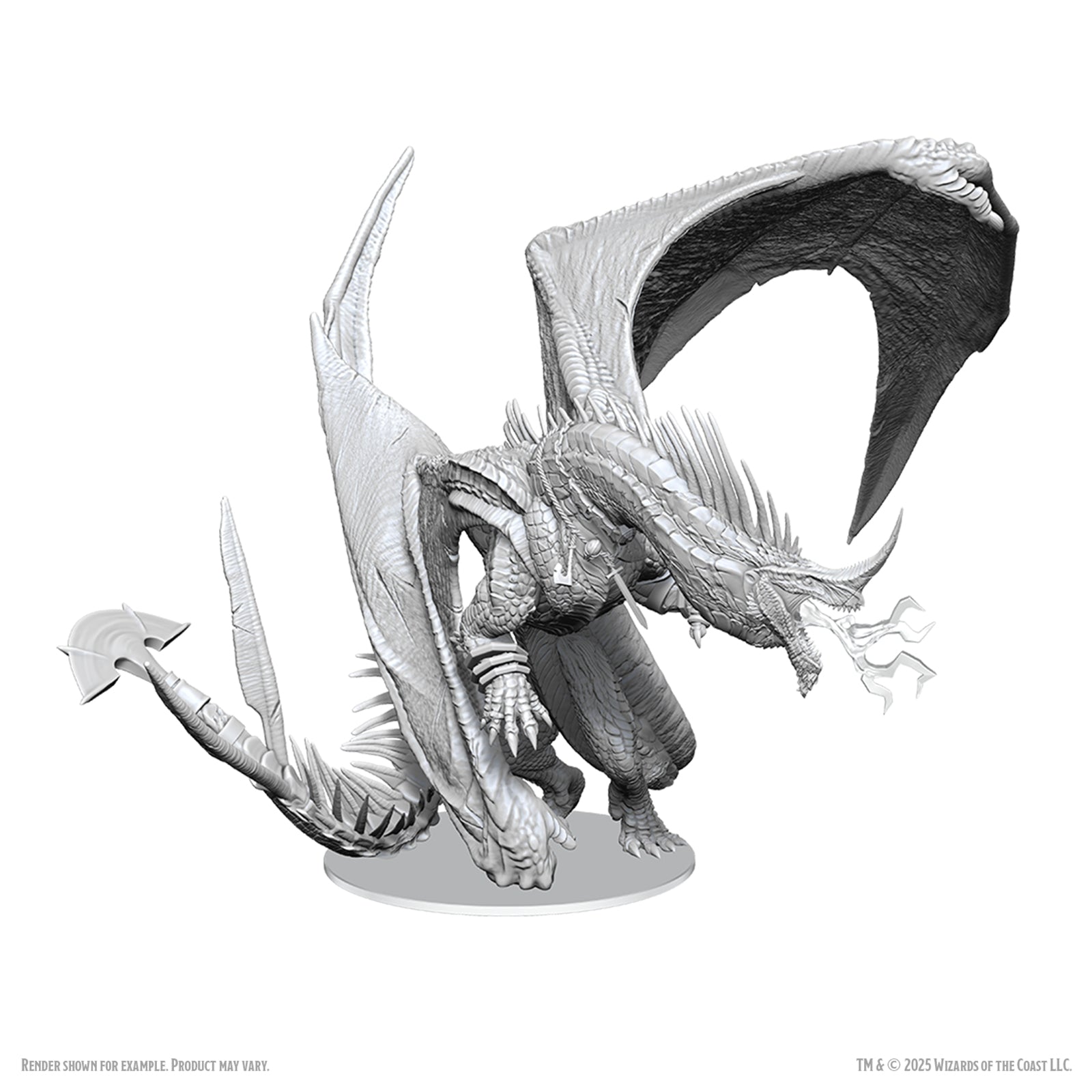 Dungeons & Dragons: Nolzur's Marvelous Minis: Anthradusk, Ancient Blue Dragon - Unpainted gray plastic miniature of a large ancient blue dragon with spread wings and detailed scales.