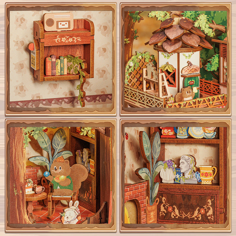 Squirrel Collector Book Nook (PREORDER) - Intricate wooden book nook with miniature squirrel figurine, books, treehouse details, and cozy forest-themed diorama.