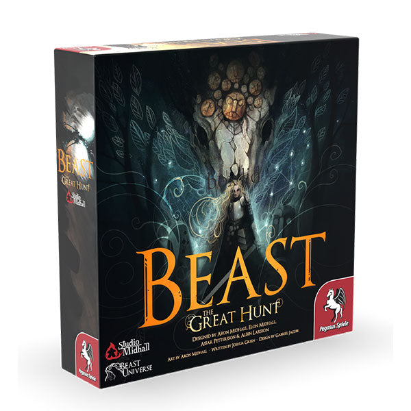 Beast: The Great Hunt Expansion (PREORDER) - Dark-themed board game box with blue and white mystical swirls, featuring a figure in the center and bold orange title.