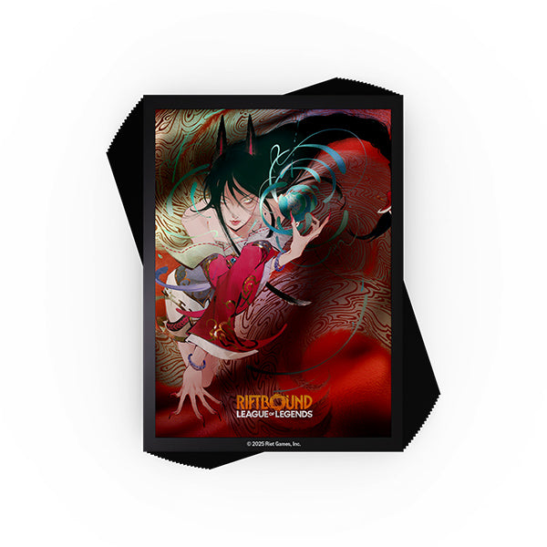 Card Sleeves: Riftbound Origins - Ahri - Card sleeves featuring a dark, mystical design of Ahri from League of Legends with swirling red and teal energy on a black.