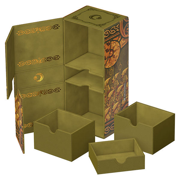 Ultimate Guard Twin Flip'n'Tray 266+ Deckcase: Lorwyn Eclipsed - Chronicle of Victory - Olive green plastic deck case with removable trays and fold-out compartments featuring intricate dark orange fantasy.