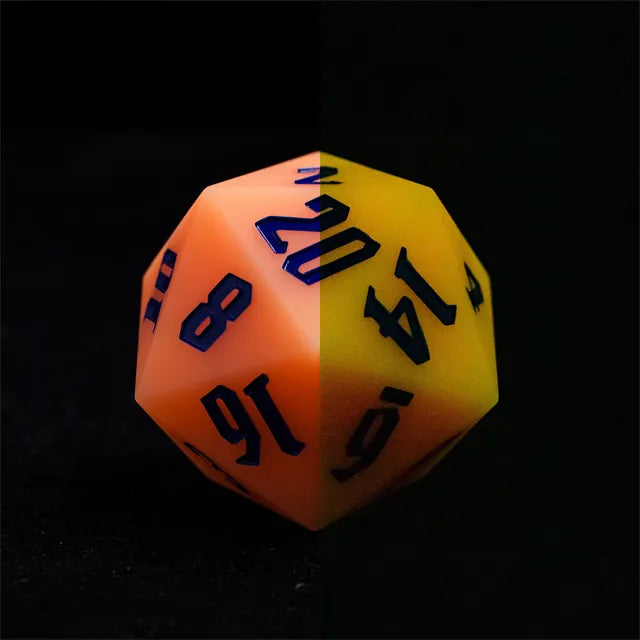 Giant Bouncy D20 - Glow In The Dark Orange - Orange translucent 20-sided giant dice with bold black numbers, designed to glow in the dark.