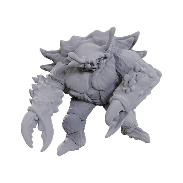D&D Nolzur's Marvelous Miniatures: Crabfolk - Unpainted gray plastic miniature of a crab-like humanoid with large claws, spiked shell, and muscular limbs.