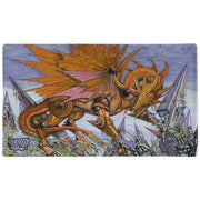 Dragon Shield Playmat & Tube - The Millerax (PREORDER) - Rectangular playmat featuring detailed orange and gold dragon artwork with crystalline blue and gray background.
