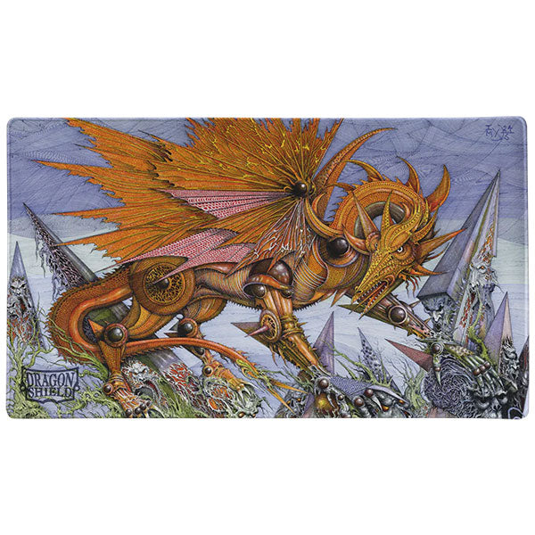 Dragon Shield Playmat & Tube - The Millerax (PREORDER) - Rectangular playmat featuring detailed orange and gold dragon artwork with crystalline blue and gray background.