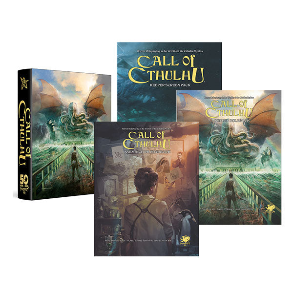 Call of Cthulhu: Chaosium's 50th Anniversary Slipcase Set (PREORDER) - Call of Cthulhu RPG 50th Anniversary slipcase set with dark blue box and three detailed illustrated books featuring oceanic.