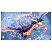 MTG Playmat - Tarkir: Dragonstorm - Neriv, the Storm Front - Black Stitched - Black-stitched rectangular playmat featuring a blue and purple dragon breathing lightning with mountains in the background.