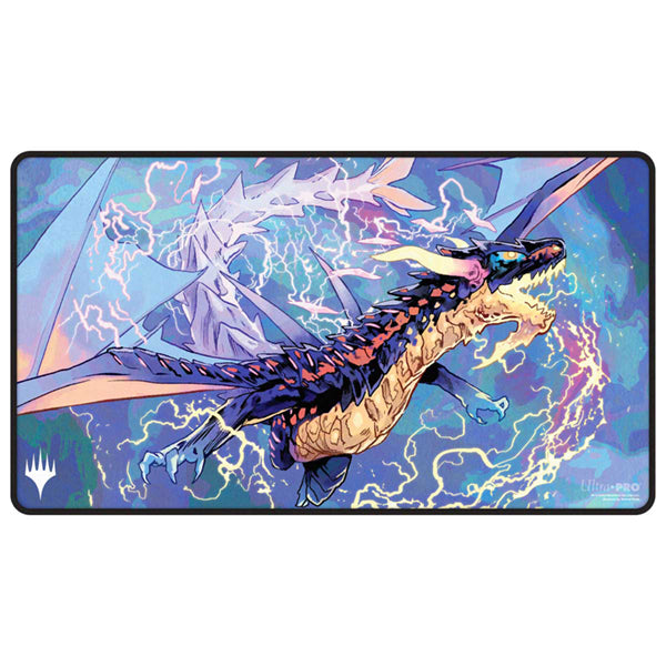 MTG Playmat - Tarkir: Dragonstorm - Neriv, the Storm Front - Black Stitched - Black-stitched rectangular playmat featuring a blue and purple dragon breathing lightning with mountains in the background.