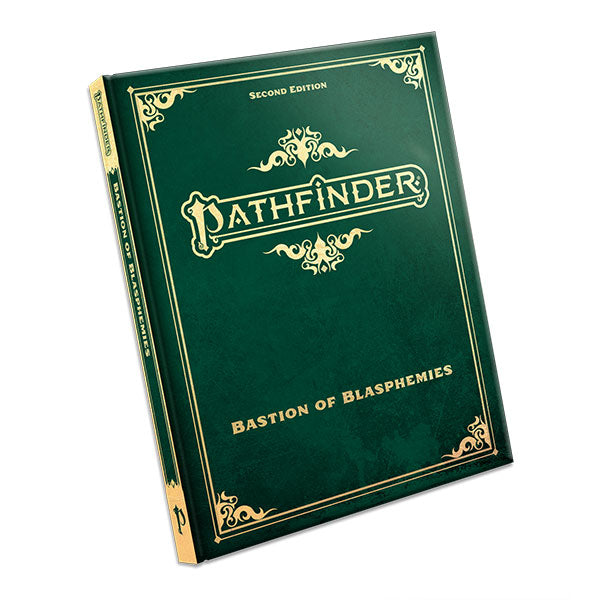 Pathfinder 2E: Bastion of Blasphemies, Special Edition (PREORDER) - Dark green hardcover book with gold embossed title "Pathfinder" and "Bastion of Blasphemies" with ornate decorative corners.
