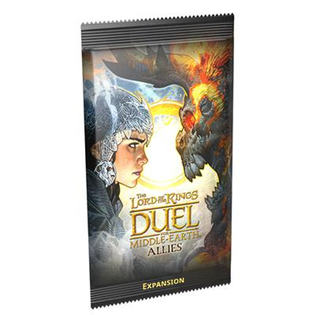 The Lord of the Rings: Duel for Middle-Earth: Earth Allies Expansion (PREORDER) - Rectangular game expansion pack featuring detailed fantasy artwork with a blue-armored warrior facing a fiery, demonic.