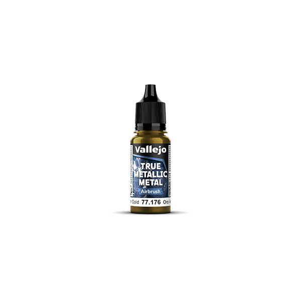 Vallejo True Metallic Metal Airbrush: Greenish Gold (18ml) - Small clear plastic bottle with black dropper cap, filled with greenish gold metallic paint, labeled Vallejo True Metallic.