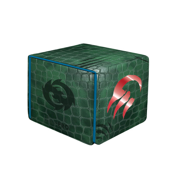Alcove Edge Deckbox - Tarkir Dragonstorm - Ureni, the Song Unending - 100+ - Green textured deck box with a reptile scale pattern, featuring a black and red stylized emblem on adjacent sides.
