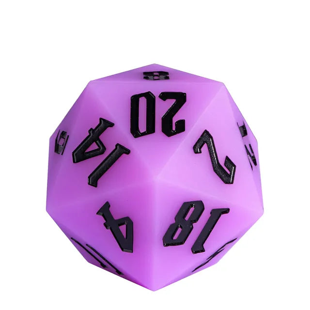 Giant Bouncy D20 - Glow In The Dark Purple - Purple 20-sided bouncy dice with large black numbers, glowing in the dark.