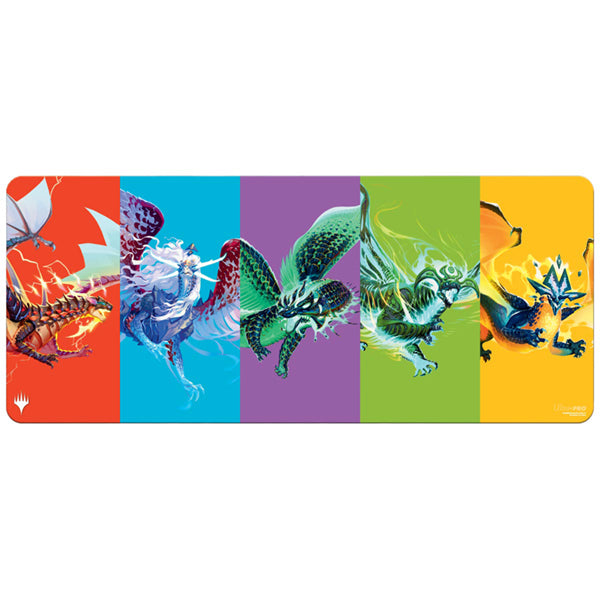 MTG Playmat - Tarkir: Dragonstorm - Prerelease Key Artwork 6ft Playmat - Six-foot rectangular playmat with colorful panels featuring stylized dragon artwork in red, blue, purple, green, and yellow.