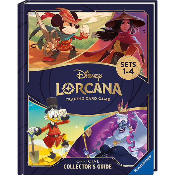 Disney Lorcana: Official Collector's Guide- Sets 1-4 - Hardcover book with colorful Disney Lorcana characters on the cover, titled Official Collector’s Guide Sets 1-4.