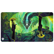 MTG Playmat - Tarkir: Dragonstorm - Kotis, Sibsig Champion - Rectangular playmat featuring vibrant green and teal dragon artwork with dark, jagged shapes and a glowing mystical aura.