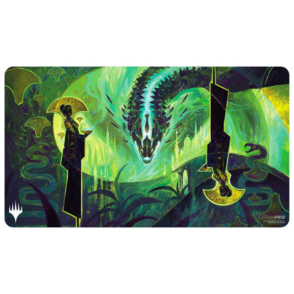 MTG Playmat - Tarkir: Dragonstorm - Kotis, Sibsig Champion - Rectangular playmat featuring vibrant green and teal dragon artwork with dark, jagged shapes and a glowing mystical aura.